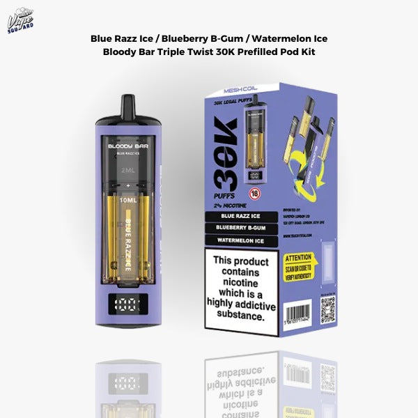 Blue Razz Ice / Blueberry B-Gum / Watermelon Ice Bloody Bar Triple Twist 30K Prefilled Pod Kit