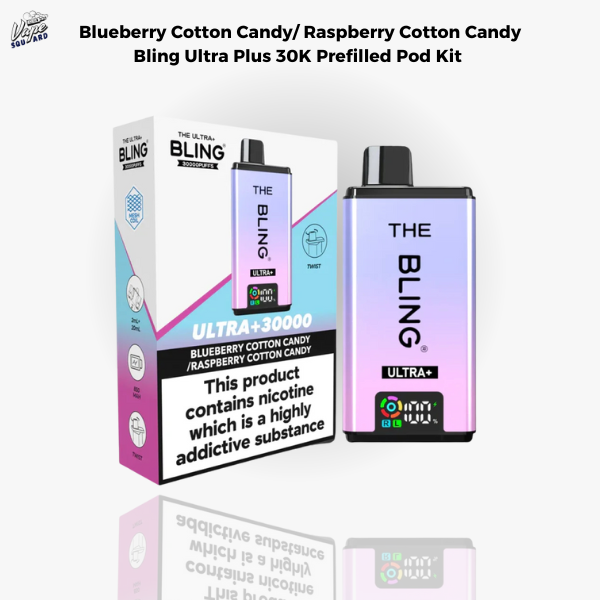 Blueberry Cotton Candy and Raspberry Cotton Candy Bling Ultra Plus 30K Prefilled Pod Kit