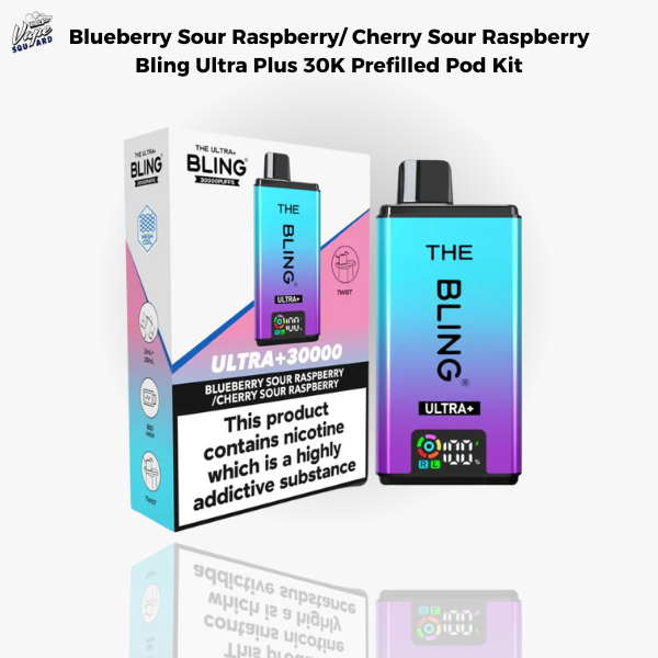 Blueberry Sour Raspberry and Cherry Sour Raspberry Bling Ultra Plus 30K Prefilled Pod Kit