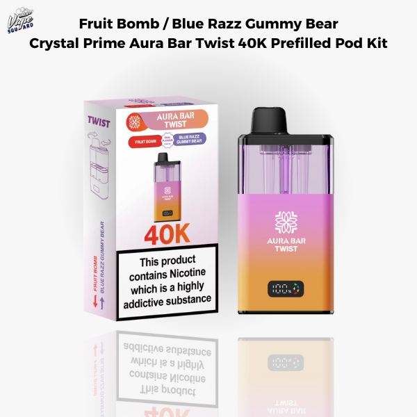 Fruit Bomb / Blue Razz Gummy Bear Crystal Prime Aura Bar Twist 40K Prefilled Pod Kit