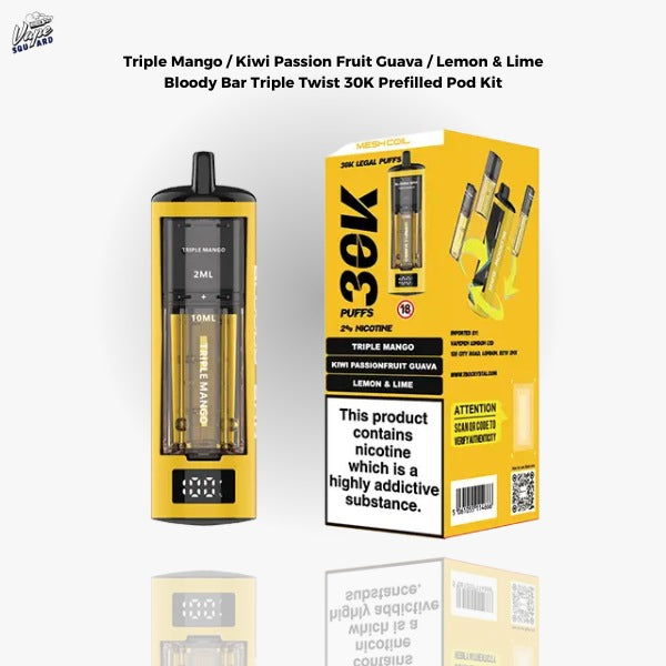 Triple Mango / Kiwi Passion Fruit Guava / Lemon and Lime Bloody Bar Triple Twist 30K Prefilled Pod Kit
