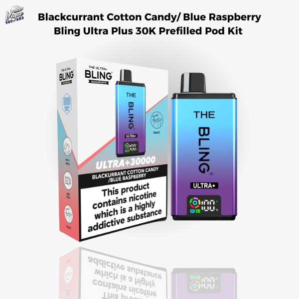 Blackcurrant Cotton Candy and Blue Raspberry Bling Ultra Plus 30K Prefilled Pod Kit