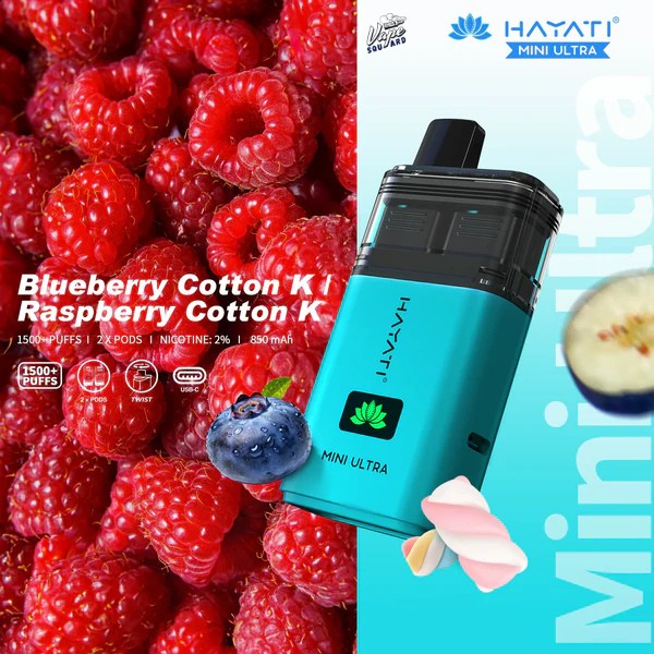 Hayati Mini Ultra 1500 Blueberry Cotton K / Raspberry Cotton K Disposable Vape