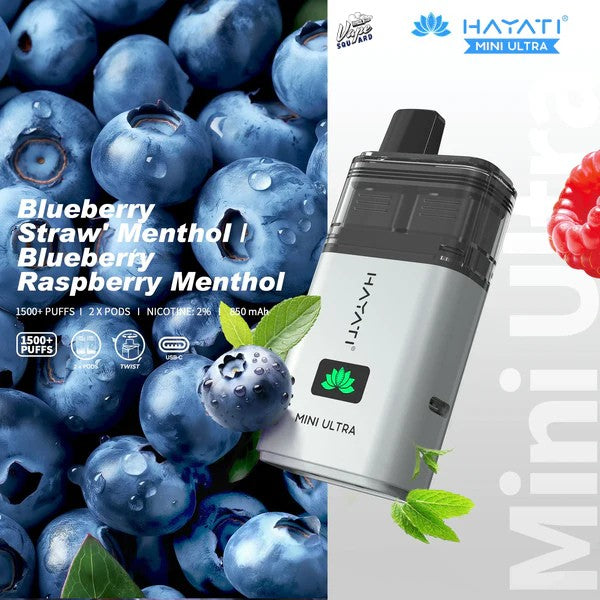 Hayati Mini Ultra 1500 Blueberry Straw’ Menthol / Blueberry Raspberry Menthol Prefilled Vape
