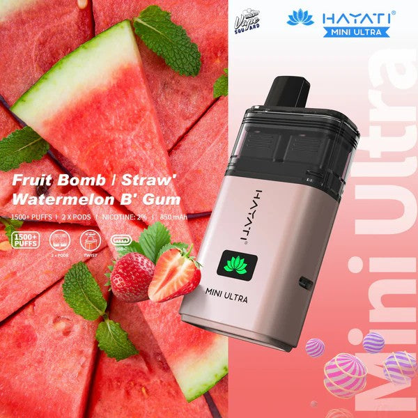 Hayati Mini Ultra 1500 Fruit Bomb / Straw’ Watermelon Bubblegum Prefilled Vape