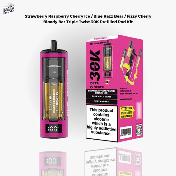 Strawberry Raspberry Cherry Ice / Blue Razz Bear / Fizzy Cherry Bloody Bar Triple Twist 30K Prefilled Pod Kit